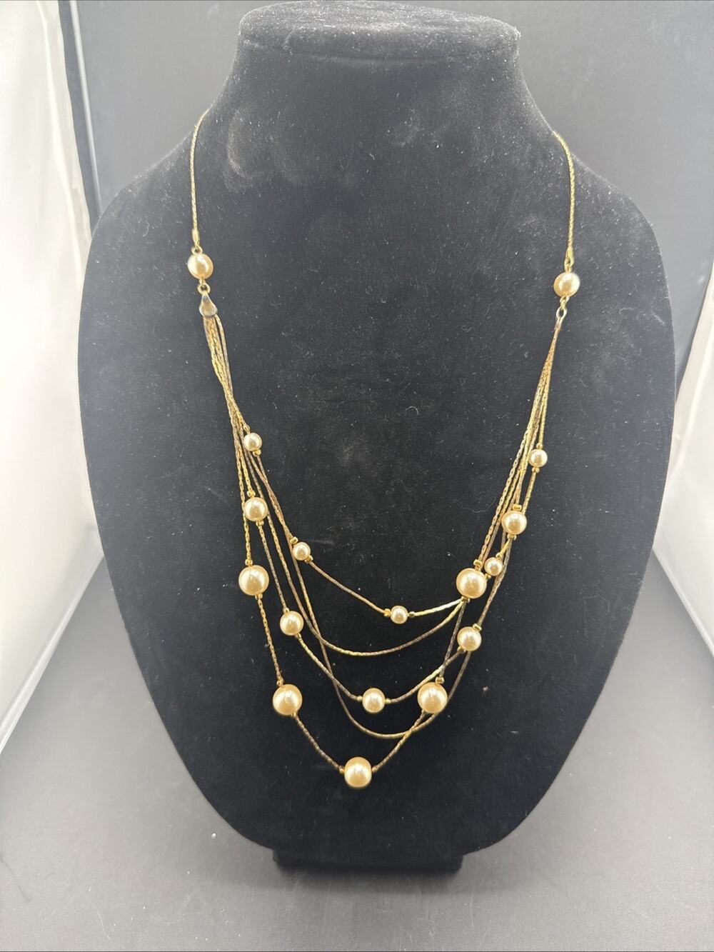 Vintage Gold And faux Pearl Layered 5 Strand Necklace